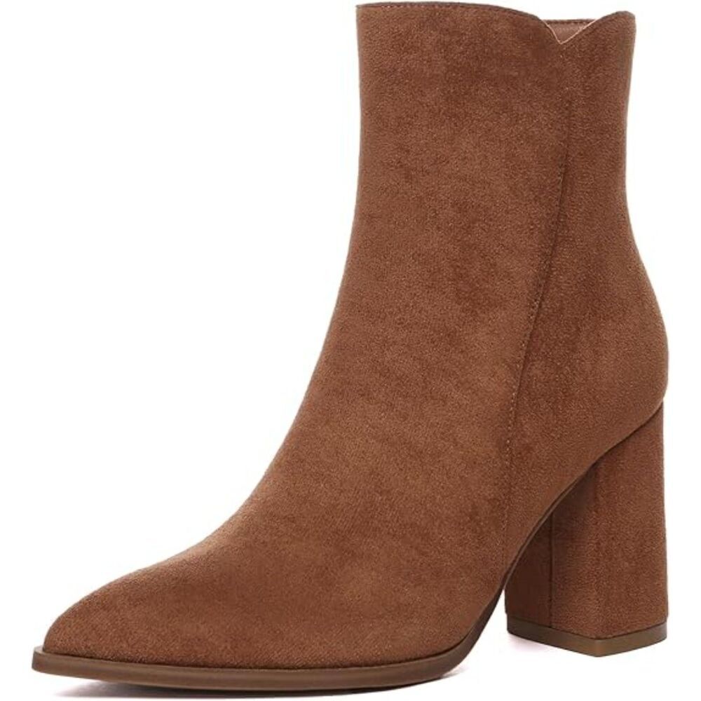 Women's Brown Fashion Pointed Toe Chunky Block Heel Side Zipper Short Ankle Boot